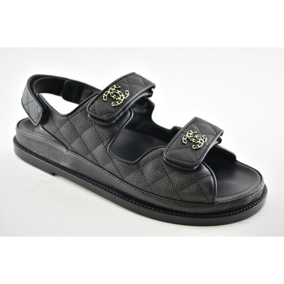 Chanel REV Black Caviar Gold CC Logo Mule Slide Strap Flat Teva Dad Sandal 37.5 - Picture 3 of 12